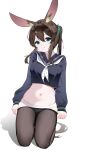  1girl absurdres amiya_(arknights) animal_ears arknights arms_at_sides black_pantyhose blue_eyes blue_ribbon blue_sailor_collar blue_shirt breasts brown_hair chinese_commentary closed_mouth clothes_pull commentary_request crop_top cropped_shirt double-parted_bangs full_body hair_between_eyes hair_over_shoulder hair_ribbon hair_spread_out highres long_bangs long_hair long_sidelocks long_sleeves looking_at_viewer medium_breasts midriff navel neckerchief no_pants panties panties_under_pantyhose pantyhose pantyhose_pull ponytail pulling_own_clothes rabbit_ears rabbit_girl ribbon sailor_collar sailor_shirt seiza shenmi_de_xigua shirt sidelocks simple_background sitting smile solo split_mouth underwear very_long_hair white_background white_neckerchief white_panties 