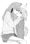  ! 2girls animal_ears bang_dream! bang_dream!_it&#039;s_mygo!!!!! blush cat_ears cat_girl cat_tail dog_ears dog_girl dog_tail eye_contact greyscale hair_ribbon hand_on_another&#039;s_shoulder highres imminent_kiss kemonomimi_mode long_hair long_sleeves looking_at_another medium_hair misumi_uika monochrome multiple_girls parted_lips ribbon shorts sitting sitting_on_lap sitting_on_person spoken_exclamation_mark tail togawa_sakiko two_side_up uikays yuri 