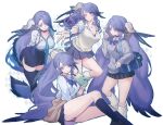  4girls alternate_costume artist_name bag beads black_choker blue_eyes blue_nails blue_necktie bracelet breasts cetus_kkk choker cleavage closed_mouth clothes_around_waist drink earrings fins grin hair_beads hair_ornament head_fins holding holding_drink jacket jacket_around_waist jewelry kneehighs leg_warmers long_hair long_sleeves looking_to_the_side multiple_girls necklace necktie ningyo_hime_(sinoalice) panties pleated_skirt ponytail pout purple_hair sad school_bag school_uniform sidelocks sinoalice sitting sketch skirt smile socks sweater twintails twitter_username underwear very_long_hair wavy_hair zettai_ryouiki 