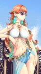  1girl arm_rest armpits bare_shoulders bikini blue_bikini blue_sarong body_jewelry bracelet braid breasts choppy_bangs cleavage closed_mouth collarbone colored_inner_hair commentary contrapposto earrings english_commentary feather_earrings feathers fence fingernails gastornis_kfp gradient_hair green_hair highres hololive hololive_english jewelry large_breasts long_hair looking_ahead messy_hair multicolored_hair navel official_alternate_costume orange_hair sarong see-through_clothes see-through_sarong side_braid single_braid solo stomach sunglasses swimsuit takanashi_kiara takanashi_kiara_(holonatsu_paradise) virtual_youtuber white_bikini wooden_fence 