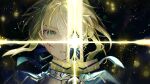  1girl armor artoria_pendragon_(fate) bleeding blonde_hair blood blood_on_face bow bowtie cropped_shoulders cuts excalibur_(fate/stay_night) fate/stay_night fate_(series) floating_hair glowing glowing_sword glowing_weapon green_hair highres holding holding_sword holding_weapon injury light_particles looking_at_viewer nigiri parted_lips ribbon saber_(fate) short_hair sword weapon 