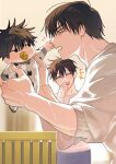  +++ 1girl 2boys adam's_apple aged_down animal_print baby black_eyes black_hair blue_pants blurry blurry_background blush carrying carrying_baby carrying_person cat_print closed_eyes crib family father's_day father_and_son from_side fushiguro_megumi fushiguro_touji grabbing_another's_face hair_between_eyes halftone hand_to_own_mouth hand_up hands_up head_grab highres husband_and_wife jitome jujutsu_kaisen laughing long_sleeves looking_at_another megumi's_mother_(jujutsu_kaisen) mother_and_son multiple_boys muscular muscular_male no_sclera onesie open_mouth pacifier pants pink_shirt pinkpanda profile shirt short_hair solid_circle_eyes spiked_hair teeth upper_teeth_only white_shirt 