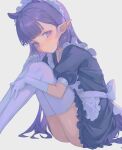  1girl absurdres apron black_dress closed_mouth dress frilled_apron frilled_dress frills gloves highres hololive hololive_english kiwwwwwi long_hair looking_at_viewer maid maid_apron maid_headdress multicolored_hair ninomae_ina&#039;nis orange_hair panties pantyshot pointy_ears puffy_short_sleeves puffy_sleeves purple_eyes purple_hair short_sleeves simple_background sitting skindentation solo thighhighs two-tone_hair underwear virtual_youtuber white_apron white_background white_gloves white_thighhighs 