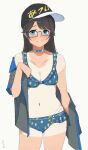 1girl absurdres baseball_cap bikini black_hair blue-framed_eyewear blue_bikini blue_eyes blush breasts choker cleavage cowboy_shot floral_print frilled_bikini frills glasses hat highres idolmaster idolmaster_shiny_colors long_hair mitsumine_yuika open_clothes open_mouth open_shirt print_headwear small_breasts smile solo swimsuit tan tanlines translated two-tone_shirt undressing white_background ywr 