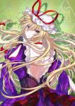  1girl alto2019 back bare_back blonde_hair chinese_text choker commentary dress english_text frills green_background hair_between_eyes hair_ribbon hat highres light_smile long_hair looking_at_viewer looking_back mob_cap purple_dress purple_eyes ribbon sample_watermark solo touhou traditional_media upper_body watermark watermark_grid yakumo_yukari 