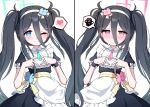  2girls absurdres alternate_costume alternate_hairstyle apron aris_(blue_archive) black_dress black_hair blue_archive blue_eyes blue_flower blue_halo blue_necktie blush closed_mouth dress flower hair_between_eyes hair_flower hair_ornament hairband halo heart heart_hands highres kei_(blue_archive) kurana_(atlas) long_bangs long_hair maid maid_apron multiple_girls necktie pink_eyes pink_flower pink_halo pink_necktie short_sleeves smile sweat twintails white_apron white_hairband 