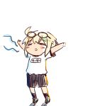  1girl :o =_= arms_up artoria_pendragon_(fate) black-framed_eyewear black_shorts black_socks blonde_hair blush_stickers chibi closed_eyes commentary_request eyewear_on_head fate/grand_order fate_(series) full_body glasses grey_shorts gym_shirt gym_shorts gym_uniform kasuga_yuuki mysterious_heroine_x_alter_(fate) parted_lips shirt short_sleeves shorts simple_background socks solo standing stretching white_background white_shirt 