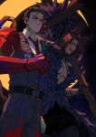  2boys animal_ears arm_wrap bare_pectorals black_hair black_pants black_vest blood brown_hair closed_mouth coat collared_shirt crescent_moon dark-skinned_male dark_skin e.g.o_(project_moon) green_eyes heathcliff_(project_moon) highres killerohan limbus_company long_sleeves looking_at_viewer male_focus meursault_(project_moon) moon multiple_boys necktie open_mouth paint_splatter pants pectorals project_moon purple_coat purple_eyes red_necktie scar screwloose_wallop_(e.g.o) sharp_teeth shirt short_hair simple_background standing teeth telepole_(e.g.o) upper_body vest white_shirt wolf_ears 