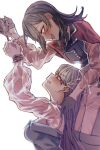  2girls bang_dream! bang_dream!_it&#039;s_mygo!!!!! black_gloves black_hair blue_dress blush bound bound_wrists breasts brown_hair capelet clenched_teeth commentary_request dress gloves highres large_breasts long_hair mole mole_under_eye multiple_girls open_mouth pants red_capelet see-through_clothes see-through_sleeves shiina_taki simple_background smile sumi_kichi teeth timoris_(bang_dream!) white_background white_pants yahata_umiri yuri 