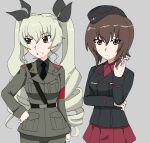  2girls absurdres anchovy_(girls_und_panzer) anzio_military_uniform arm_under_breasts armband belt black_hat black_necktie black_ribbon black_shirt bow breasts brown_hair cigarette clenched_teeth closed_mouth cross drill_hair eyes_visible_through_hair garrison_cap girls_und_panzer green_hair grey_background grey_jacket grey_pants grin hair_between_eyes hair_bow hair_ribbon hand_on_own_hip hat highres holding holding_cigarette iron_cross jacket kuromorimine_military_uniform large_breasts long_hair long_sleeves looking_at_another looking_to_the_side medium_breasts military military_hat military_jacket military_uniform miniskirt multiple_girls necktie nishizumi_maho pants pleated_skirt red_armband red_eyes red_shirt red_skirt ribbon sam_browne_belt shirt short_hair sillynerpa simple_background skirt smile standing teeth twin_drills twintails upper_body wing_collar 