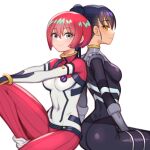  2girls amate_yuzuriha ass black_bodysuit bodysuit breasts closed_mouth commentary_request dimples_of_venus eyelashes folks_(nabokof) gundam gundam_gquuuuuux hair_between_eyes looking_at_viewer looking_back mecha_pilot_suit multiple_girls navel nyaan_(gundam_gquuuuuux) pants purple_hair red_hair red_pants short_hair simple_background sitting small_breasts smile white_background yellow_eyes 