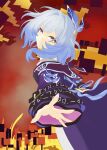  1girl absurdres alternate_color blue_hair blue_ribbon commentary cyrene_(honkai:_star_rail) dress grin hair_ribbon herrscher_of_corruption highres honkai:_star_rail honkai_(series) honkai_impact_3rd inoue_marina long_sleeves looking_at_viewer purple_dress ribbon short_hair smile solo sunn_strawberry yellow_eyes 