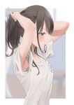 1girl absurdres armpits arms_up black_hair blue_eyes blush breasts collarbone hair_tie hair_tie_in_mouth hairband highres idolmaster idolmaster_shiny_colors kazano_hiori long_hair mole mole_under_mouth mouth_hold ponytail shirt short_sleeves solo sweat sweatdrop tying_hair umirororo upper_body white_shirt 