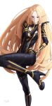  1girl abs absurdres alpha_(kage_no_jitsuryokusha_ni_naritakute!) artist_name blonde_hair blue_eyes bodysuit breasts cleavage cleavage_cutout clothing_cutout commentary covered_navel elf hand_in_own_hair high_heels highres kage_no_jitsuryokusha_ni_naritakute! leg_up long_hair looking_at_viewer narrow_waist parted_bangs pointy_ears simple_background strap thigh_strap tofi very_long_hair white_background 