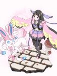  1girl absurdres black_hair closed_mouth collarbone commentary_request enzan_(midori_t0905) hair_ornament high_heels highres japanese_clothes kimono leaf long_hair long_sleeves pantyhose parted_bangs pink_kimono pokemon pokemon_(creature) pokemon_xy sash sidelocks smile split_mouth standing sylveon valerie_(pokemon) yellow_sash 