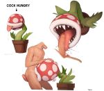 1boy artist_name bestiality commentary deepthroat english_commentary eyes_out_of_frame fellatio from_side head_out_of_frame highres large_penis mario_(series) open_mouth oral penis piranha_plant plant potted_plant precum saliva saliva_drip sharp_teeth simple_background super_smash_bros. teeth testicles tongue tongue_out twang white_background 