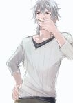  1boy absurdres cigarette crow_armbrust double-parted_bangs ear_piercing eiyuu_densetsu grey_hair hair_between_eyes hand_on_own_hip highres holding holding_cigarette jewelry male_focus mullet pearscoke pendant piercing red_eyes sen_no_kiseki_(series) sideburns simple_background smoke smoke_trail smoking solo white_background white_hair 
