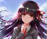  1girl bangs blazer blue_sky blunt_bangs blush brown_eyes closed_mouth cloud cloudy_sky collared_shirt commentary_request copyright_request day dutch_angle eyebrows_visible_through_hair grey_jacket habu_rin hair_ribbon hand_up highres jacket long_hair long_sleeves multicolored_hair necktie outdoors purple_hair red_hair red_neckwear red_ribbon ribbon school_uniform shirt sky smile solo streaked_hair tears upper_body white_shirt 