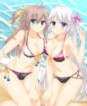  2girls :o ahoge alternate_costume alternate_hairstyle aqua_eyes ass_visible_through_thighs ayachi_nene bare_shoulders beach bikini black_bikini blush bobbles bow breast_press breasts brown_hair cameltoe cleavage closed_mouth collarbone colored_eyelashes commentary_request covered_nipples day eyes_visible_through_hair feet_out_of_frame front-tie_bikini_top front-tie_top fuyukichi_(nikoniko1567) grey_hair groin hair_between_eyes hair_bow hair_ribbon halterneck hand_on_own_thigh hand_up highres kneeling large_breasts long_hair looking_at_viewer multi-strapped_bikini_bottom multicolored_bikini multiple_girls navel ocean one_side_up open_mouth outdoors pink_bow purple_eyes ribbon sanoba_witch shiiba_tsumugi shy side-by-side sidelocks skindentation sparkle split_mouth stomach straight_hair swimsuit symmetrical_docking thigh_gap thighs two-tone_bikini v variant_set very_long_hair wet white_bikini yellow_bow yellow_ribbon 