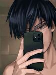  1boy black_hair blue_eyes boku_no_hero_academia cellphone closed_mouth collarbone commentary facing_viewer glasses highres holding holding_phone iida_tenya kacchansbf83 looking_at_phone male_focus mirror_selfie multicolored_hair nude phone rectangular_eyewear selfie semi-rimless_eyewear short_hair smartphone solo symbol-only_commentary twitter_username 