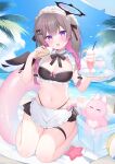  1girl absurdres apron ball beach beachball bikini black_bow black_bowtie blush bow bowtie breasts brown_hair cleavage cup food hair_between_eyes hair_bow hair_ornament halo highres holding holding_food holding_ice_cream holding_tray ice_cream ice_cream_cone jewelry kooriais long_hair looking_at_viewer maid maid_apron maid_bikini maid_headdress medium_breasts multicolored_hair navel now open_mouth original palm_tree pink_hair purple_eyes smile solo starfish stomach streaked_hair swimsuit thighlet tray tree two-tone_hair unconventional_maid very_long_hair water white_apron 