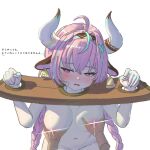  1girl absurdres ahoge animal_ears aqua_hair bare_arms blush bound bound_wrists braid breasts cow_ears ear_bell fingernails forced_lactation genshin_impact grabbing_another&#039;s_breast groping half-closed_eyes highres horns karome_631 lactation large_breasts long_hair multicolored_hair navel nude open_mouth pale_skin pink_eyes pink_hair restrained simple_background sketch standing translation_request twin_braids varesa_(genshin_impact) very_long_hair white_background white_horns 