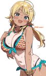  1girl ahoge bikini blonde_hair blue_eyes blush bracelet breasts cleavage collarbone flower front-tie_bikini_top front-tie_top hachimiya_meguru hair_flaps hair_flower hair_ornament idolmaster idolmaster_shiny_colors jewelry large_breasts layered_bikini long_hair looking_at_viewer low_twintails navel necklace one-piece_tan open_mouth shisoneri side-tie_bikini_bottom smile solo sweat swimsuit tan tanlines twintails 