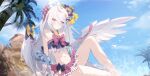  1girl absurdres ahoge azusa_(blue_archive) azusa_(swimsuit)_(blue_archive) bare_shoulders bead_necklace beads bikini black_bikini blue_archive blush bow closed_mouth crossed_bangs doodle_sensei_(blue_archive) feathered_wings flower hair_between_eyes hair_bow hair_flower hair_ornament hayate_(1034853996) highres jewelry long_hair looking_at_viewer navel necklace official_alternate_costume pink_bikini pink_bow polka_dot polka_dot_bow purple_eyes purple_flower sensei_(blue_archive) solo stomach swimsuit white_hair wings 