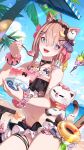  1girl :d absurdres ahoge animal_ear_fluff animal_ears bare_shoulders black_choker black_hairband blue_eyes blue_sky braid brown_hair cat cat_ears cat_tail choker cloud day food food-themed_hair_ornament hair_ornament hairband hairclip heterochromia highres holding holding_spoon honkai_(series) honkai_impact_3rd innertube looking_at_viewer nail_polish navel official_art open_mouth orange_hair_ornament pardofelis pardofelis_(midsummer_collector) pink_nails purple_nails scrunchie shaved_ice sky smile solo spoon starfish stomach swim_ring tail thighs twin_braids wrist_scrunchie yellow_nails 