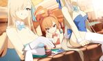  3girls absurdres ahoge animal_ears aqua_bow aqua_bowtie aqua_leotard arm_at_side arm_support asuna_(blue_archive) asuna_(bunny)_(blue_archive) asymmetrical_bangs bare_shoulders blonde_hair blue_archive blue_bow blue_eyes blue_leotard bow bowtie braid breasts casino cleavage closed_mouth collar desk detached_collar dot_nose elbow_gloves fake_animal_ears gloves grin hair_bow hair_over_one_eye hand_on_own_face head_out_of_frame highleg highleg_leotard highres holding_poker_chip huge_ahoge indoors large_breasts leotard long_hair looking_at_viewer medium_breasts mole mole_on_breast mole_under_eye multiple_girls nabi_(ybbvgvgvg) neru_(blue_archive) neru_(bunny)_(blue_archive) official_alternate_costume official_alternate_hairstyle on_desk one_eye_covered orange_hair playboy_bunny poker_chip rabbit_ears rabbit_tail red_eyes red_leotard short_hair side_braid single_braid smile sparkle straight_hair strapless strapless_leotard tail thighs toki_(blue_archive) toki_(bunny)_(blue_archive) very_long_hair white_collar white_gloves white_wrist_cuffs wrist_cuffs 