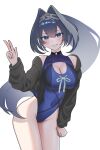  1girl absurdres black_hair black_jacket blue_eyes blue_one-piece_swimsuit breasts chain chain_headband cleavage hand_up highleg highleg_one-piece_swimsuit highres hololive hololive_english jacket large_breasts long_hair looking_at_viewer nekkutow one-piece_swimsuit ouro_kronii solo swimsuit virtual_youtuber w 