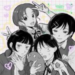  4girls :d animal blazer blunt_bangs blush braid broken_heart closed_mouth collared_shirt commentary double_v dress_shirt fujii_ayame futsuu_no_keion-bu greyscale_with_colored_background grid_background gyaru_v hair_ornament hairpin hand_on_own_face hands_up hatono_chihiro heart heartbreak_(futsuu_no_keion-bu) highres holding holding_animal hood hooded_jacket jacket kouyama_rin long_hair multicolored_hair multiple_girls neck_ribbon no_mole open_clothes open_jacket parted_bangs pixie_cut ribbon school_uniform self-doubt_animal_(futsuu_no_keion-bu) shirt short_hair smile sparkle sweater_vest swept_bangs symbol-only_commentary ttt_konbu twin_braids twitter_username two-tone_hair uchida_momo upper_body v watermark wolf_cut 