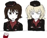  black_jacket breasts brown_eyes brown_hair cigarette cigarette_pack closed_eyes closed_mouth cross desk garrison_cap girls_und_panzer grey_hair hat iron_cross itsumi_erika jacket jitome kuromorimine_military_uniform large_breasts long_hair looking_at_another medium_breasts military military_jacket military_uniform nishizumi_maho red_shirt shirt short_hair sillynerpa simple_background table unlit_cigarette_in_mouth upper_body white_background 
