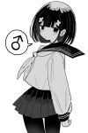  1boy arms_behind_back blush crossdressing crossdressing_(mtf) flower hair_flower hair_ornament highres long_sleeves mars_symbol miniskirt monochrome original own_hands_together pantyhose pleated_skirt ribbon school_uniform serafuku simple_background skirt smile speech_bubble trap vae white_background 