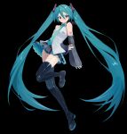 1girl aqua_eyes aqua_hair aqua_nails aqua_necktie black_background black_skirt black_sleeves black_thighhighs boots collared_shirt commentary commission detached_sleeves double-parted_bangs full_body grey_shirt hair_between_eyes hatsune_miku highres koko_niiru necktie number_tattoo pleated_skirt shirt skeb_commission skirt solo tattoo thigh_boots thighhighs vocaloid 
