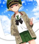  1girl black_bow black_neckwear blonde_hair blouse blue_sky bow bowtie broken_window brown_eyes brown_jacket cloud cloudy_sky commentary day dutch_angle erwin_(girls_und_panzer) girls_und_panzer glass goggles goggles_on_headwear green_headwear green_skirt grin half-closed_eyes hand_in_pocket hat jacket long_sleeves looking_at_viewer military_hat military_jacket miniskirt ooarai_school_uniform open_clothes open_jacket peaked_cap pleated_skirt pointy_hair school_uniform serafuku shadow shinaso_(sachi-machi) short_hair skirt sky smile solo standing v-shaped_eyebrows white_blouse 