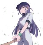  1girl :| baseball_bat baseball_cap baseball_uniform belt belt_buckle black_belt black_hat black_shirt buckle center-flap_bangs chinese_commentary closed_mouth commentary_request cowboy_shot falling_leaves hair_between_eyes hat highres holding holding_baseball_bat layered_shirt leaf long_hair looking_ahead pants purple_eyes purple_hair rei931218 shirt shoujo_kageki_revue_starlight sidelighting sidelocks simple_background solo sportswear tsuyuzaki_mahiru two_side_up white_background white_pants white_shirt wristband 