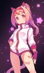  1girl animal_ears bandaid bandaid_on_leg blush closed_mouth commentary cowboy_shot ear_covers fingerless_gloves gloves hairband haru_urara_(umamusume) highres horse_ears horse_girl horse_tail jacket long_hair long_sleeves looking_at_viewer moko39_takasora pink_hair ponytail purple_background red_eyes red_gloves red_hairband solo symbol-only_commentary tail track_jacket umamusume white_jacket 