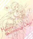  ! 1boy 1girl animal_ears armor blush breasts chinese_commentary cleavage closed_mouth commentary_request cowboy_shot crop_top detached_sleeves dress flask fox_ears fox_girl fur_collar genetic_(ragnarok_online) hair_ribbon happy_valentine heart hetero kiss kissing_forehead liao_(slight0825) looking_at_another open_mouth pants pauldrons ragnarok_online ribbon round-bottom_flask short_hair shoulder_armor sleeveless sleeveless_dress smile sorcerer_(ragnarok_online) spoken_exclamation_mark spoken_heart valentine 