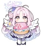  1girl angel_wings blue_archive blush chibi dress feathered_wings flower food gradient_hair gradient_halo hair_bun hair_flower hair_ornament halo highres kurihara_sakura long_hair looking_at_viewer macaron mika_(blue_archive) multicolored_hair multicolored_halo pink_hair pink_halo simple_background single_side_bun solo very_long_hair white_background white_dress white_wings wing_ornament wings yellow_eyes 