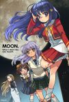  4girls amasawa_ikumi blonde_hair blue_eyes blue_hair blue_necktie blue_serafuku bow brown_hair clenched_hands closed_mouth copyright_name dress dutch_angle english_text floating_hair foot_up frown full_moon green_eyes green_skirt hair_bow hair_ornament hairclip hand_in_own_hair hand_on_own_head hand_on_own_hip hand_up hands_up hayasaka highres jacket kanuma_youko long_hair long_sleeves looking_at_viewer mima_haruka moon moon_(game) multiple_girls nakura_yui neck_ribbon necktie open_mouth plaid_clothes plaid_skirt pleated_skirt purple_hair red_jacket red_skirt ribbon school_uniform serafuku shirt short_hair skirt smile standing white_dress white_shirt yellow_bow 