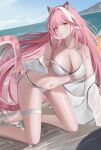  1girl absurdres aliez animal_ears bare_shoulders beach bikini blue_sky blush breasts cleavage cloud cloudy_sky collarbone commentary day english_commentary hair_intakes highres hololive hololive_english kneeling large_breasts long_hair long_sleeves multicolored_hair navel ocean open_clothes open_shirt outdoors panther_ears panther_girl panther_tail pink_hair raora_panthera sand shirt side-tie_bikini_bottom sky solo stomach strap_slip streaked_hair swimsuit tail thigh_strap thighs two-tone_hair virtual_youtuber water white_bikini white_shirt yellow_eyes 