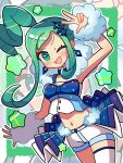  1girl ;d absurdres arm_up arm_warmers blue_collar blush collar collarbone commentary_request crop_top dekasurume earrings eyelashes green_eyes green_hair happy highres jewelry lisia_(pokemon) looking_at_viewer midriff navel one_eye_closed open_mouth pokemon pokemon_oras ponytail scarf shorts sidelocks single_thighhigh smile solo thighhighs vest w white_arm_warmers white_shorts 