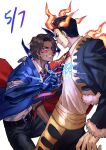  2boys absurdres aedd_(e.g.o) black_hair black_jacket black_pants blue_coat brown_hair cape capote_(e.g.o) closed_mouth coat collared_shirt dark-skinned_male dark_skin dated e.g.o_(project_moon) electricity fiery_horns fur_trim heart heathcliff_(project_moon) highres horns jacket killerohan limbus_company long_sleeves looking_at_another male_focus meursault_(project_moon) multiple_boys nail_(hardware) necktie pants project_moon purple_eyes red_cape red_eyes red_necktie scar shirt short_hair simple_background standing upper_body white_shirt 