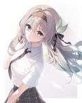  1girl black_necktie black_ribbon blush brown_hairband brown_skirt closed_mouth collared_shirt firefly_(honkai:_star_rail) gradient_eyes gradient_hair green_pupils grey_hair hair_between_eyes hair_intakes hair_ornament hair_ribbon hairband hand_in_own_hair highres honkai:_star_rail honkai_(series) long_hair multicolored_eyes multicolored_hair necktie pleated_skirt pomepome1207 ribbon shirt shirt_tucked_in simple_background skirt solo two-tone_eyes white_background white_shirt 