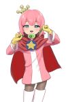  1boy black_pantyhose blue_eyes cape commentary cowboy_shot crime_prevention_buzzer crime_prevention_buzzer_threat crown gloves half-closed_eyes hands_up highres holding looking_at_viewer male_focus mini_crown motimoti_mgmg ocean_prince open_mouth pantyhose pink_hair pink_tunic puyopuyo puyopuyo_fever_2 red_cape salde_canarl_shellbrick_iii shukusei!!_loli-kami_requiem simple_background smile solo sparkling_eyes star_(symbol) thighhighs trap tunic white_background white_thighhighs yellow_gloves 