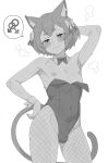  1boy :3 absurdres animal_ears armpits blush bow bulge cat_boy cat_ears cat_tail censored collarbone commentary covered_groin cowboy_shot crossdressing crossdressing_(mtf) detached_collar english_commentary felix_argyle fenqury fishnet_pantyhose fishnets greyscale hair_bow half-closed_eyes highres interlocked_mars_symbols leotard looking_at_viewer male_playboy_bunny mars_symbol monochrome mosaic_censoring nipples pantyhose re:zero_kara_hajimeru_isekai_seikatsu short_hair simple_background smug solo spoken_mars_symbol standing tail trap white_background wrist_cuffs 