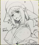  1girl absurdres between_breasts breasts commentary_request commission cross-laced_clothes grabbing_own_breast heart highres holding_own_breasts looking_at_viewer monochrome nipples okunoda_miyoi open_mouth ouma_tokiichi pixiv_commission short_hair short_sleeves solo sweat teeth touhou traditional_media upper_body upper_teeth_only whale_hat 