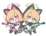  +++ 2girls animal_ear_headphones animal_ears aqua_necktie backpack bag battle_rifle black_jacket black_shorts black_skirt black_thighhighs blonde_hair blue_archive blunt_bangs blush bow cat_ear_headphones cat_ears chibi chibi_only closed_mouth commentary eyes_visible_through_hair fake_animal_ears frilled_jacket frills full_body green_bow green_eyes green_halo green_jacket green_shoes gun h&amp;k_g3 hair_bow halo head_tilt headphones holding holding_gun holding_weapon jacket long_sleeves looking_at_viewer low-tied_sidelocks midori_(blue_archive) momoi_(blue_archive) multicolored_jacket multiple_girls necktie open_clothes open_jacket open_mouth osorii parted_bangs pink_eyes pink_halo pink_jacket pink_shoes pleated_skirt red_bow rifle school_uniform shirt shoes shorts siblings side-by-side sidelocks simple_background sisters skirt smile suspender_skirt suspenders thighhighs twins v-shaped_eyebrows weapon white_background white_jacket white_shirt wide_sleeves 