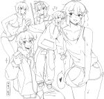  1girl absurdres ball blush bra breasts character_name cleavage closed_mouth commentary cowboy_shot dolphin_shorts fukana_miyu_(kokuya28) goggles goggles_on_head greyscale hair_ornament heart highres holding holding_ball hood hoodie kokuya_(kokuya28) lineart looking_at_viewer monochrome multiple_views open_mouth original panties pants shorts simple_background small_breasts smile sparkle spoken_heart tank_top underwear w x_hair_ornament 